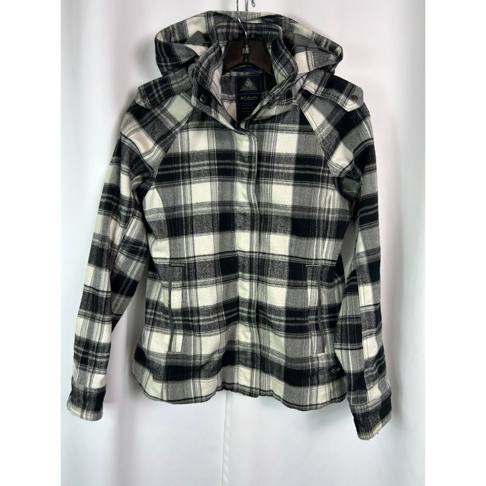 Columbia Omni-Heat Black White Plaid Hooded Jacket Gorpcore Cabin Coat Small